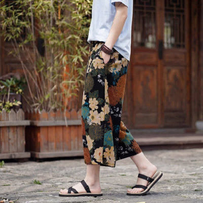 Buddha Stones Summer Boho Vintage Drawstring Floral Capri Pants Men's Straight Leg Pants With Pocket - image 5