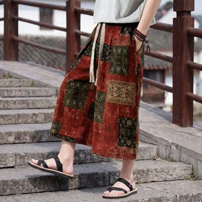 Buddha Stones Summer Boho Vintage Drawstring Floral Capri Pants Men's Straight Leg Pants With Pocket - image 17