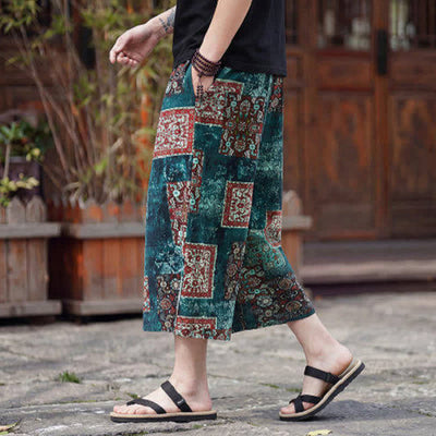 Buddha Stones Summer Boho Vintage Drawstring Floral Capri Pants Men's Straight Leg Pants With Pocket - image 29