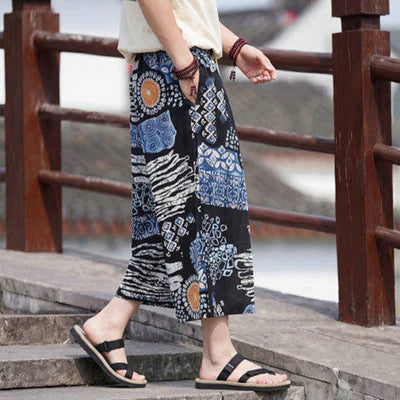 Buddha Stones Summer Boho Vintage Drawstring Floral Capri Pants Men's Straight Leg Pants With Pocket - image 9