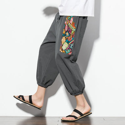 Buddha Stones Summer Casual Boho Drawstring Abstract Capri Pants Men's Harem Pants With Pocket - image 7