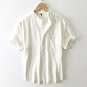 Foviel Summer Casual Tang Style Mandarin Collar Button-Up Solid Men's Short Sleeve Shirts With Pocket
