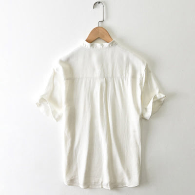 Buddha Stones Summer Casual Tang Style Mandarin Collar Button-Up Solid Men's Short Sleeve Shirts With Pocket - image 1