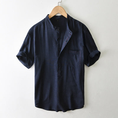 Buddha Stones Summer Casual Tang Style Mandarin Collar Button-Up Solid Men's Short Sleeve Shirts With Pocket - MidnightBlue - US/UK/AU42, EU52 (3XL) - image 15