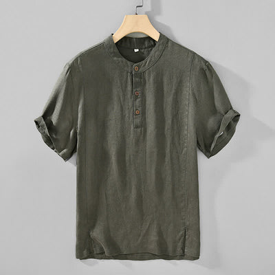 Buddha Stones Summer Tang Style Casual Mandarin Collar Button Up Solid Men's Short Sleeve Shirts - DarkOliveGreen - US/UK/AU44, EU54 (4XL) - image 8