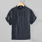 Foviel Summer Tang Style Casual Mandarin Collar Button Up Solid Men's Short Sleeve Shirts