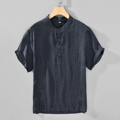 Buddha Stones Summer Tang Style Casual Mandarin Collar Button Up Solid Men's Short Sleeve Shirts - DimGray - US/UK/AU44, EU54 (4XL) - image 0