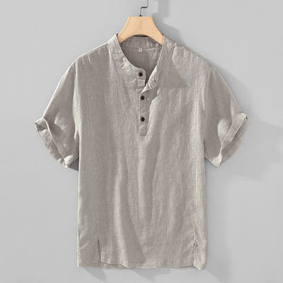 Buddha Stones Summer Tang Style Casual Mandarin Collar Button Up Solid Men's Short Sleeve Shirts - Gainsboro - US/UK/AU44, EU54 (4XL) - image 3