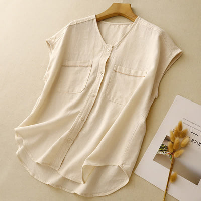 Buddha Stones Summer Casual Minimalist Button-Up Patch Pocket Solid Women's Sleeveless Shirts Tank Top With Pocket - image 2