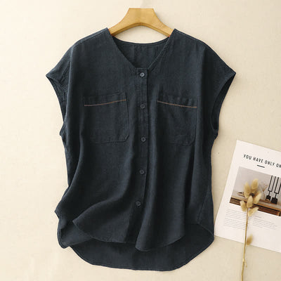Buddha Stones Summer Casual Minimalist Button-Up Patch Pocket Solid Women's Sleeveless Shirts Tank Top With Pocket - MidnightBlue - US8-10, UK/AU12-14, EU40-42 (2XL) - image 8