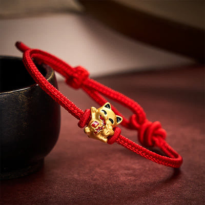 Buddha Stones Handmade Braided Red String Golden Lucky Cat Fortune Adjustable Bracelet - image 9