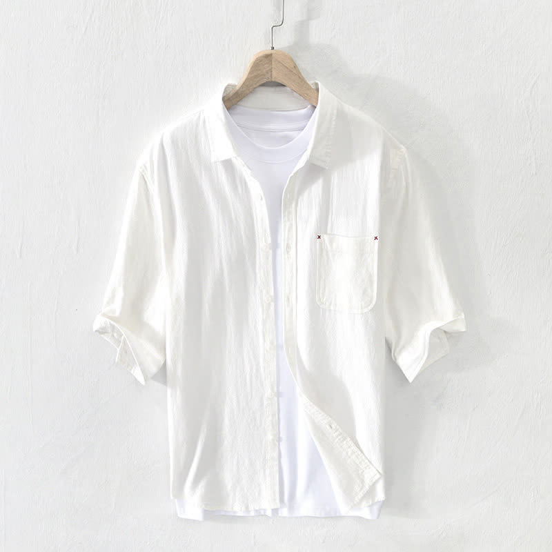 Buddha Stones Summer Casual Minimalist Button-Up Solid Cotton Linen Men's Short Sleeve Shirts With Pocket - White - US/UK/AU44，EU54 (3XL) - image 3