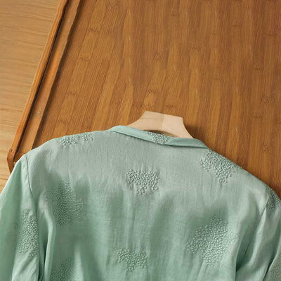 Buddha Stones Summer Tang Style Vintage Mandarin Collar Frog Button Embroidery Solid Women's Short Sleeve Shirts - image 3