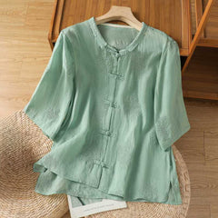 Buddha Stones Summer Tang Style Vintage Mandarin Collar Frog Button Embroidery Solid Women's Short Sleeve Shirts - DarkSeaGreen - US8-10, UK/AU12-14, EU40-42 (2XL) - image 0