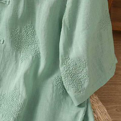 Buddha Stones Summer Tang Style Vintage Mandarin Collar Frog Button Embroidery Solid Women's Short Sleeve Shirts - image 5