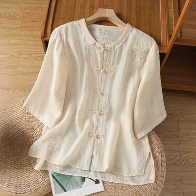 Buddha Stones Summer Tang Style Vintage Mandarin Collar Frog Button Embroidery Solid Women's Short Sleeve Shirts - AntiqueWhite - US8-10, UK/AU12-14, EU40-42 (2XL) - image 6