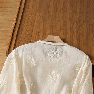 Buddha Stones Summer Tang Style Vintage Mandarin Collar Frog Button Embroidery Solid Women's Short Sleeve Shirts - image 10