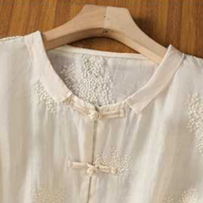 Buddha Stones Summer Tang Style Vintage Mandarin Collar Frog Button Embroidery Solid Women's Short Sleeve Shirts - image 9