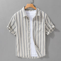 Buddha Stones Summer Casual Button Up Striped Cotton Men's Short Sleeve Shirts With Patch Pocket - AntiqueWhite - US/UK/AU42, EU52 (3XL) - image 0