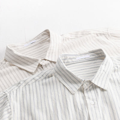Buddha Stones Summer Casual Minimalist Half Button Striped Cotton Men's Short Sleeve Shirts - image 15