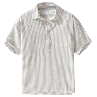 Buddha Stones Summer Casual Minimalist Half Button Striped Cotton Men's Short Sleeve Shirts - image 2