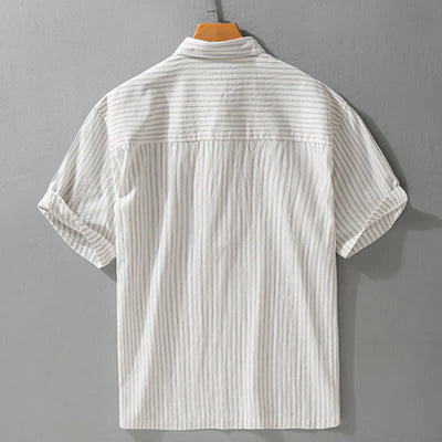 Buddha Stones Summer Casual Minimalist Half Button Striped Cotton Men's Short Sleeve Shirts - image 1