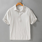 Foviel Summer Casual Minimalist Half Button Striped Cotton Men's Short Sleeve Shirts
