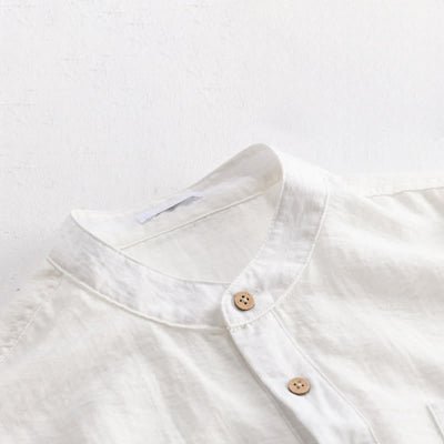 Buddha Stones Summer Tang Style Casual Mandarin Collar Half Button Solid Men's Short Sleeve Shirts With Patch Pocket - image 12