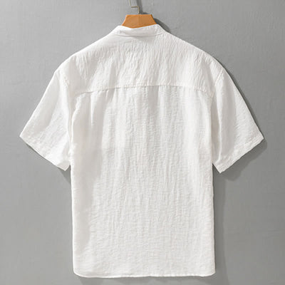 Buddha Stones Summer Tang Style Casual Mandarin Collar Half Button Solid Men's Short Sleeve Shirts With Patch Pocket - image 11