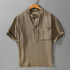 Buddha Stones Summer Tang Style Casual Mandarin Collar Half Button Solid Men's Short Sleeve Shirts With Patch Pocket - Tan - US/UK/AU42, EU52 (3XL) - image 0