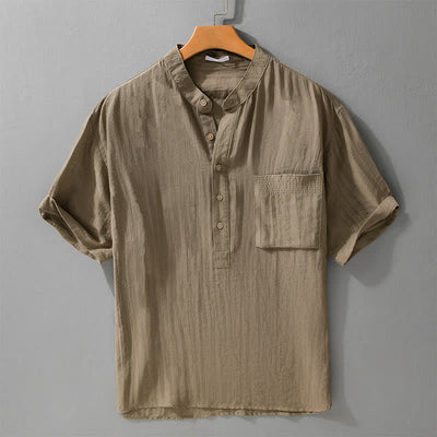 Buddha Stones Summer Tang Style Casual Mandarin Collar Half Button Solid Men's Short Sleeve Shirts With Patch Pocket - Tan - US/UK/AU42, EU52 (3XL) - image 0