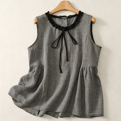 Buddha Stones Summer Casual Vintage Plaid Back Button-Up Tank Top Women's Sleeveless Shirts - Gray - US12, UK/AU16, EU44 (2XL) - image 0