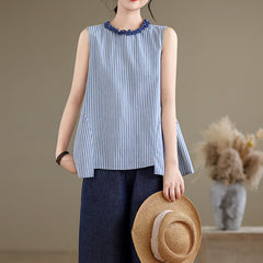 Buddha Stones Summer Casual Elegant Side Slit Striped Crew Neck Tank Top Women's Sleeveless Shirts - DodgerBlue - US8-10, UK/AU12-14, EU40-42 (2XL) - image 0