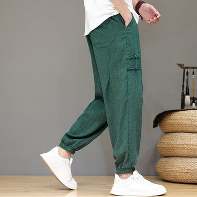 Buddha Stones Summer Casual Tang Style Solid Cropped Pants Men's Harem Pants With Pockets - image 31