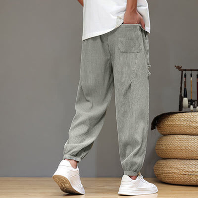 Buddha Stones Summer Casual Tang Style Solid Cropped Pants Men's Harem Pants With Pockets - image 20