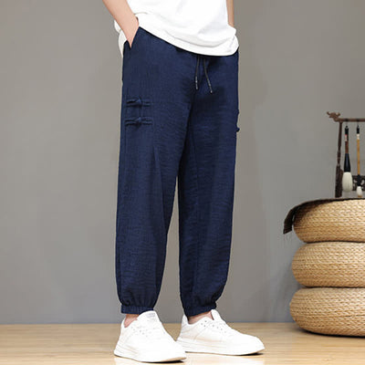Buddha Stones Summer Casual Tang Style Solid Cropped Pants Men's Harem Pants With Pockets - image 7