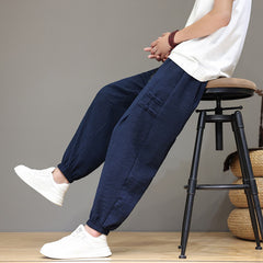 Buddha Stones Summer Casual Tang Style Solid Cropped Pants Men's Harem Pants With Pockets - MidnightBlue - US/UK/AU46, EU56 (5XL) - image 0