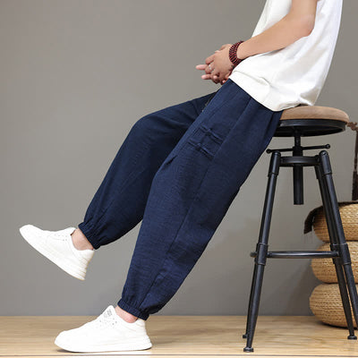 Buddha Stones Summer Casual Tang Style Solid Cropped Pants Men's Harem Pants With Pockets - MidnightBlue - US/UK/AU46, EU56 (5XL) - image 0