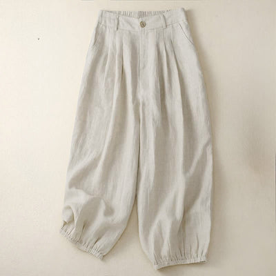 Buddha Stones Summer Casual Minimalist Button-Up Solid Capri Pants Women's Harem Pants With Pocket - Linen - US8-10，UK/AU12-14，EU40-42 (2XL) - image 0