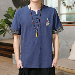Buddha Stones Summer Tang Style Frog Button Embroidery Gourd Solid Men's Short Sleeve Shirts - SteelBlue - US/UK/AU46, EU56 (5XL) - image 0