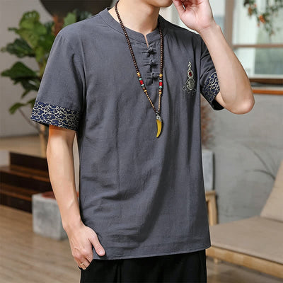 Buddha Stones Summer Tang Style Frog Button Embroidery Gourd Solid Men's Short Sleeve Shirts - image 11