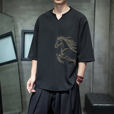 Buddha Stones Summer Casual Minimalist Embroidery Horse Cotton Men's Short Sleeve T-Shirts - image 9