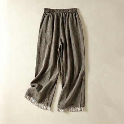 Buddha Stones Summer Casual Drawstring Plaid Linen Ankle Pants Women's Wide Leg Pants With Pocket - image 1