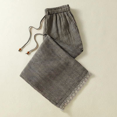 Buddha Stones Summer Casual Drawstring Plaid Linen Ankle Pants Women's Wide Leg Pants With Pocket - image 2