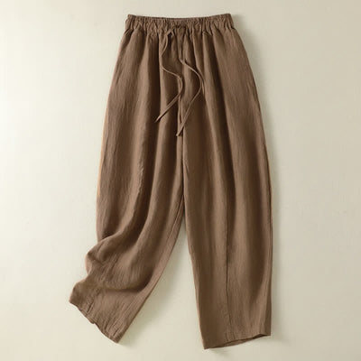 Buddha Stones Summer Casual Drawstring Solid Linen Ankle Pants Women's Wide Leg Pants With Pocket - Sienna - US8-10, UK/AU12-14, EU40-42 (2XL) - image 0