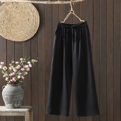 Buddha Stones Summer Casual Minimalist Drawstring Solid Cotton Linen Ankle Pants Women's Straight Leg Pants With Pocket - Black - US8-10, UK/AU12-14, EU40-42 (2XL) - image 15