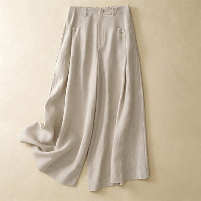 Buddha Stones Summer Casual Elegant Button-Up Solid  Ankle Pants Women's Wide Leg Pants With Pocket - Beige - US8-10, UK/AU12-14, EU40-42 (2XL) - image 0