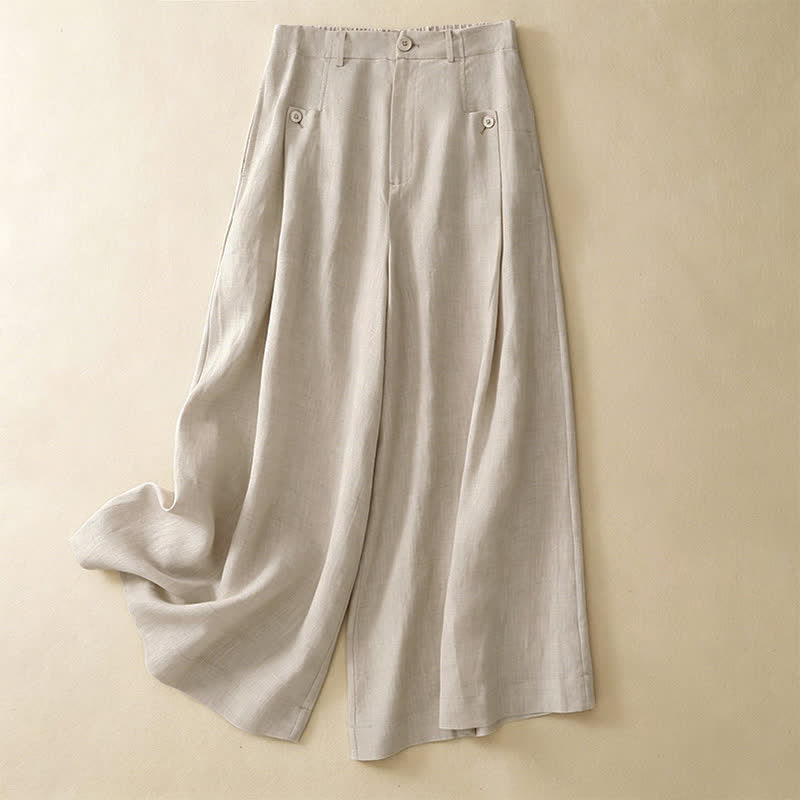 Buddha Stones Summer Casual Elegant Button-Up Solid  Ankle Pants Women's Wide Leg Pants With Pocket - Beige - US8-10, UK/AU12-14, EU40-42 (2XL) - image 0