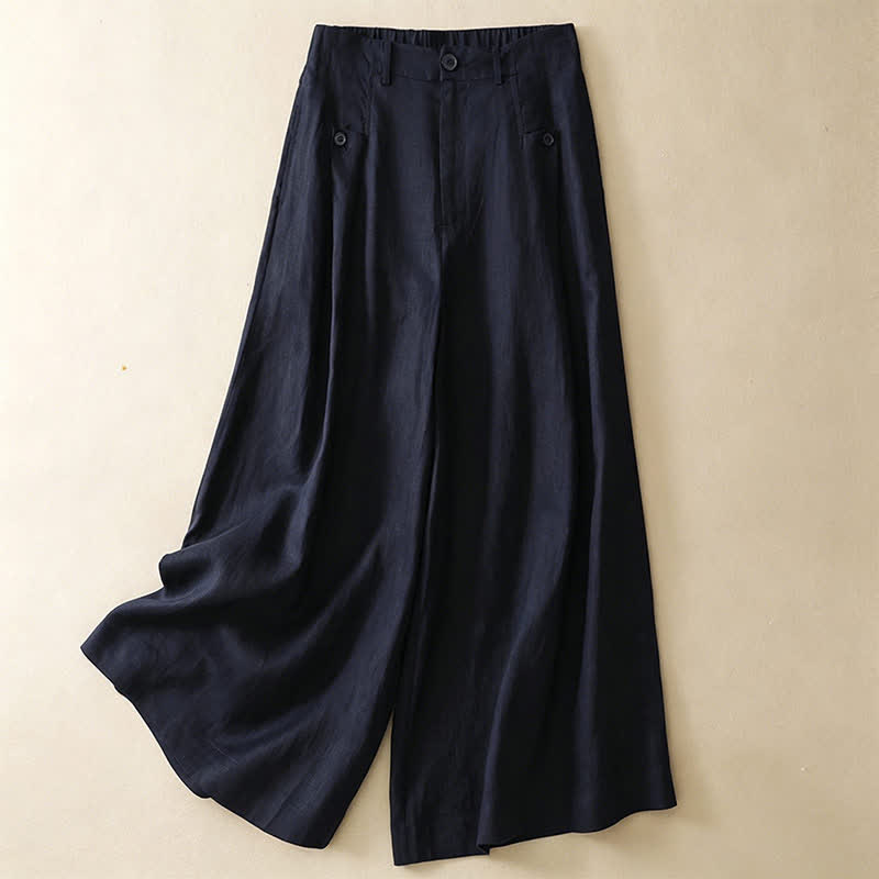 Buddha Stones Summer Casual Elegant Button-Up Solid  Ankle Pants Women's Wide Leg Pants With Pocket - MidnightBlue - US8-10, UK/AU12-14, EU40-42 (2XL) - image 7