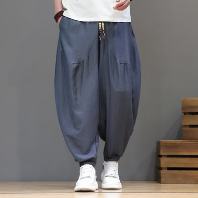Buddha Stones Summer Casual Vintage Drawstring Solid Cotton Cropped Pants Men's Harem Pants With Pocket - SlateGray - US/UK/AU46, EU56 (5XL) - image 0